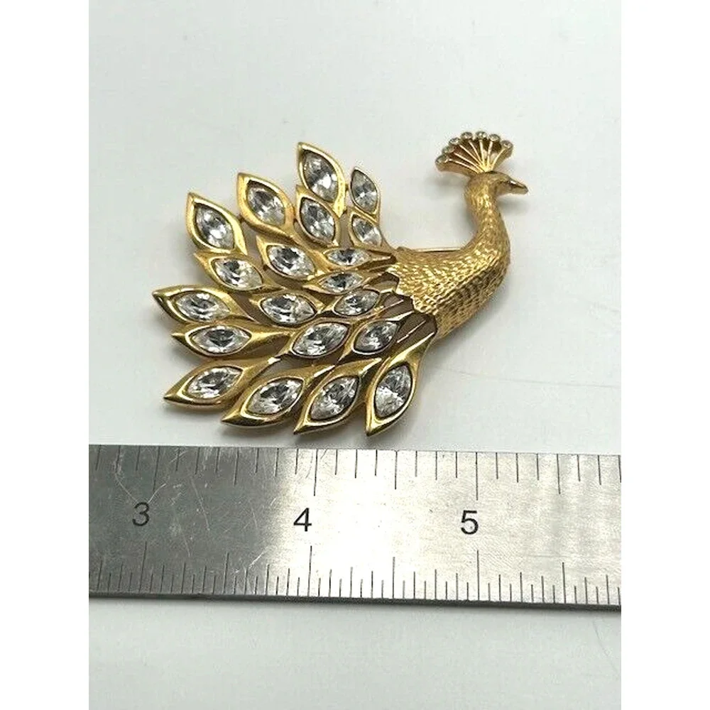 Vintage Strutting‎ Goldtone Peacock With Navette Rhinestone Plumage Brooch Pin